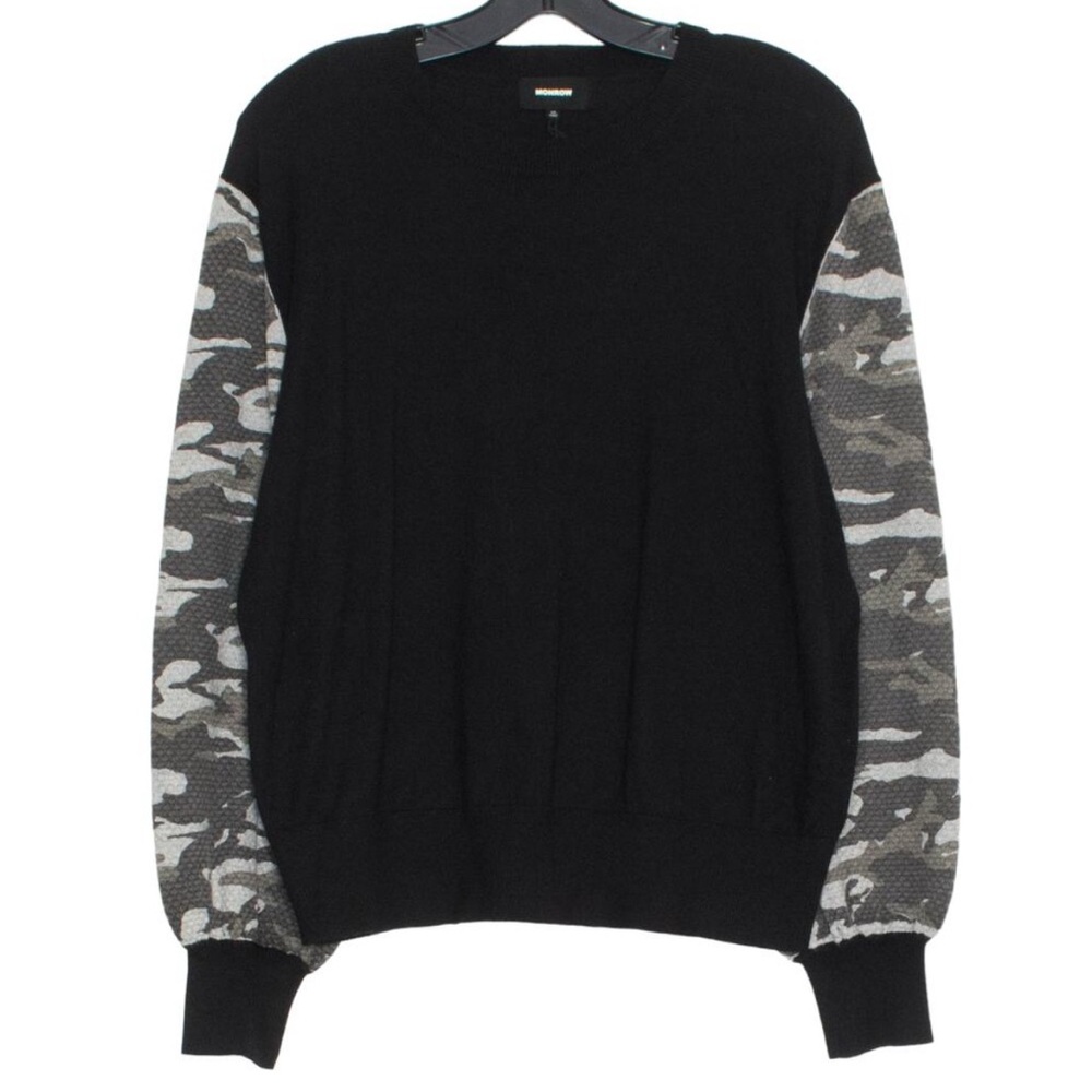 Monrow Black cashmere sweatshirt with camo print sleeves — Size M